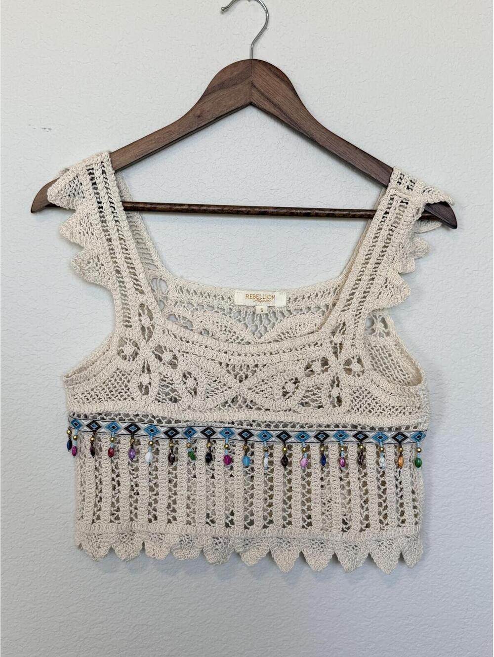 Rebellion Again Crochet Beaded Boho Crop Top Small